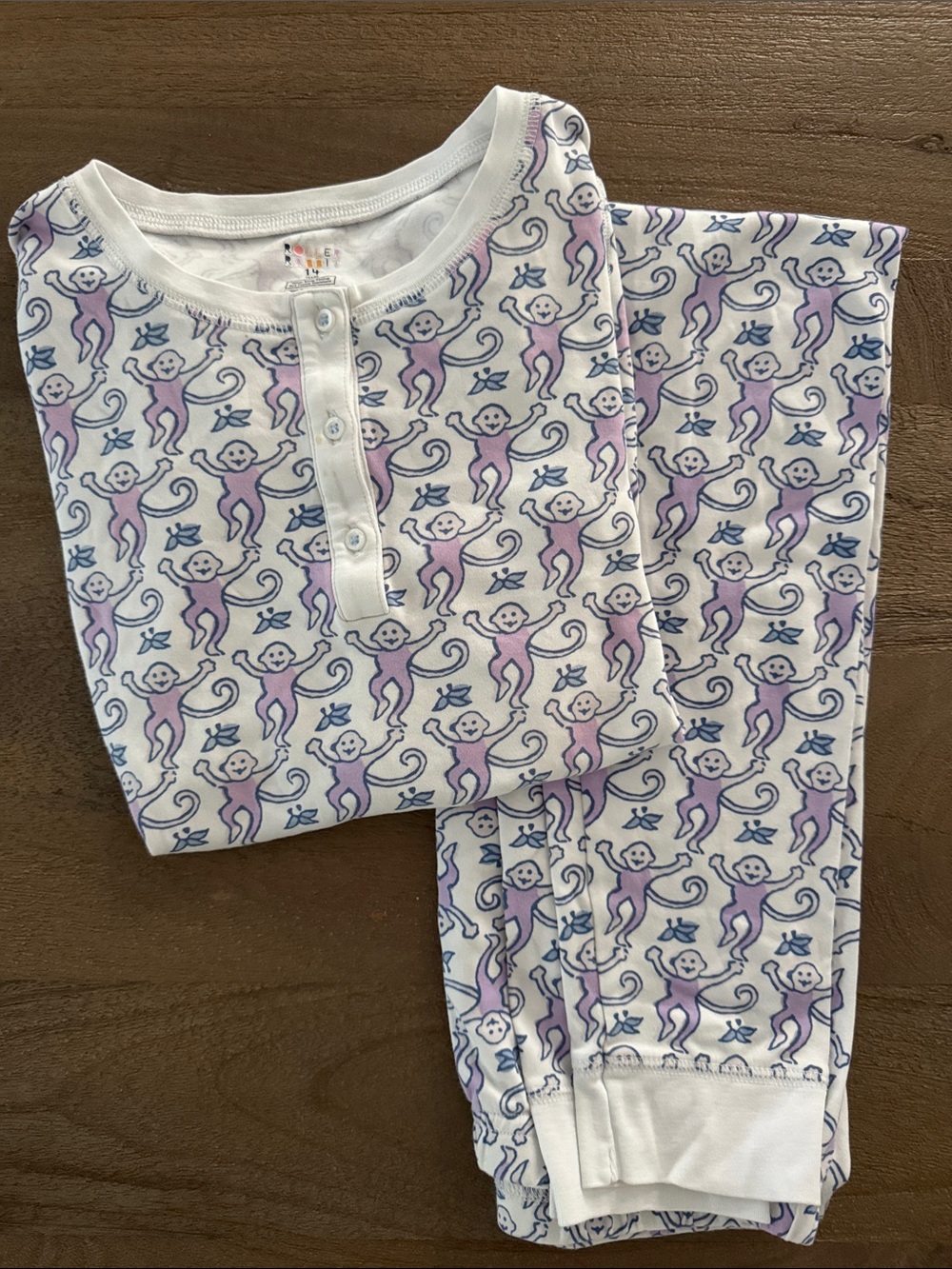 Roller Rabbit White and Purple Monkey Print Pajama Set (Size 14). 100% cotton.